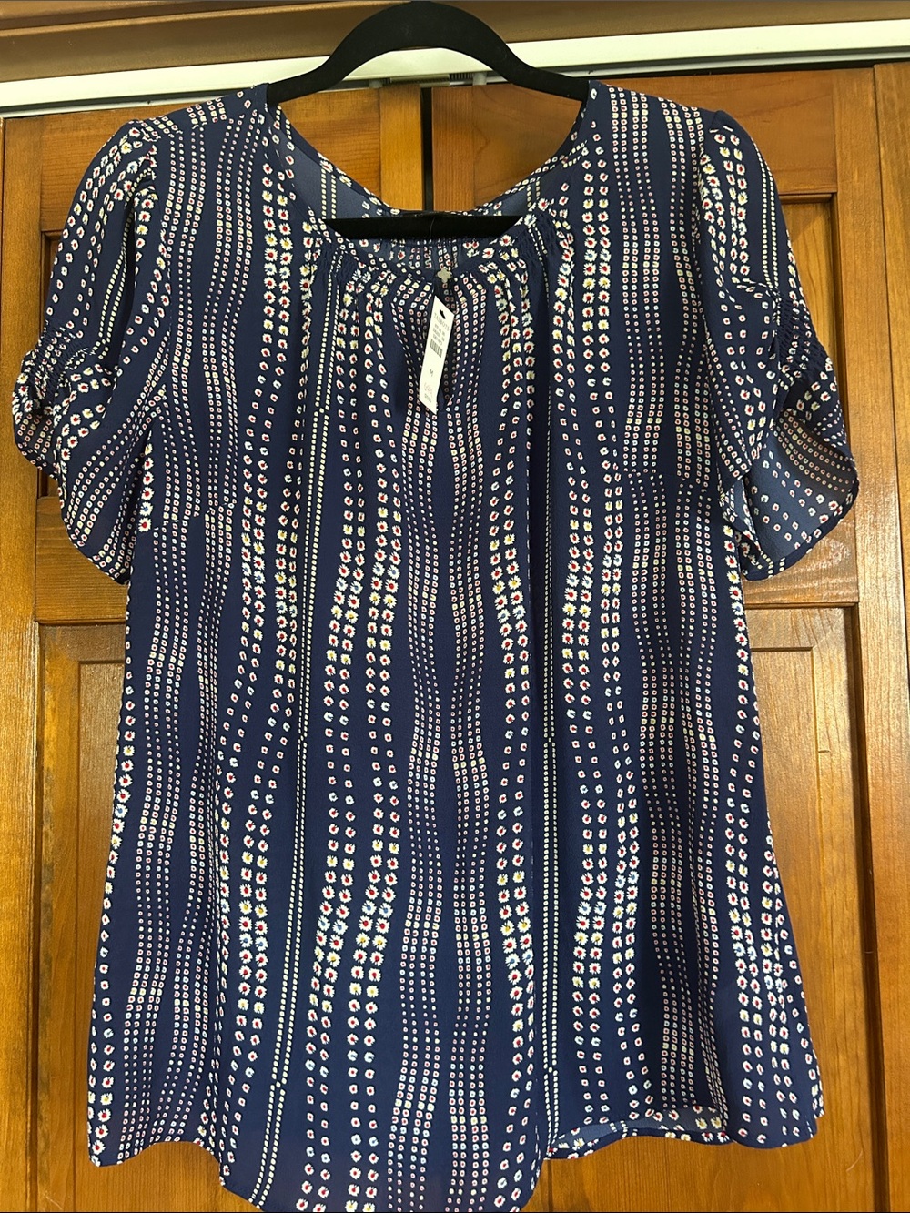 Talbots Navy Blue Patterned Short-Sleeve Blouse